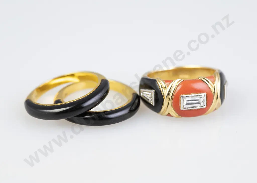Cartier Style 18ct Three Diamond Red and Black Coral Ring Set Image 1++