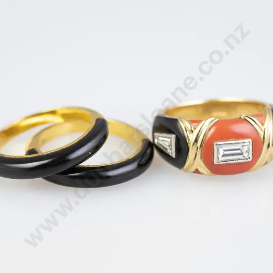 Cartier Style 18ct Three Diamond Red and Black Coral Ring Set