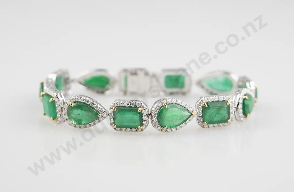 All Platinum 13Stone Emerald and Diamond Bracelet Image 1++