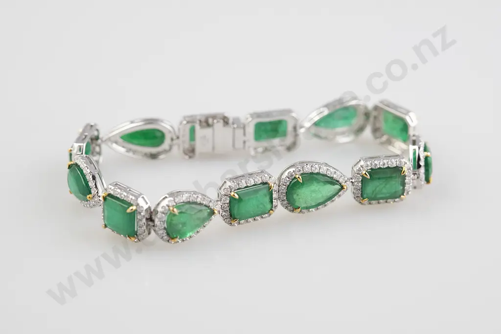 All Platinum 13Stone Emerald and Diamond Bracelet Image 1++
