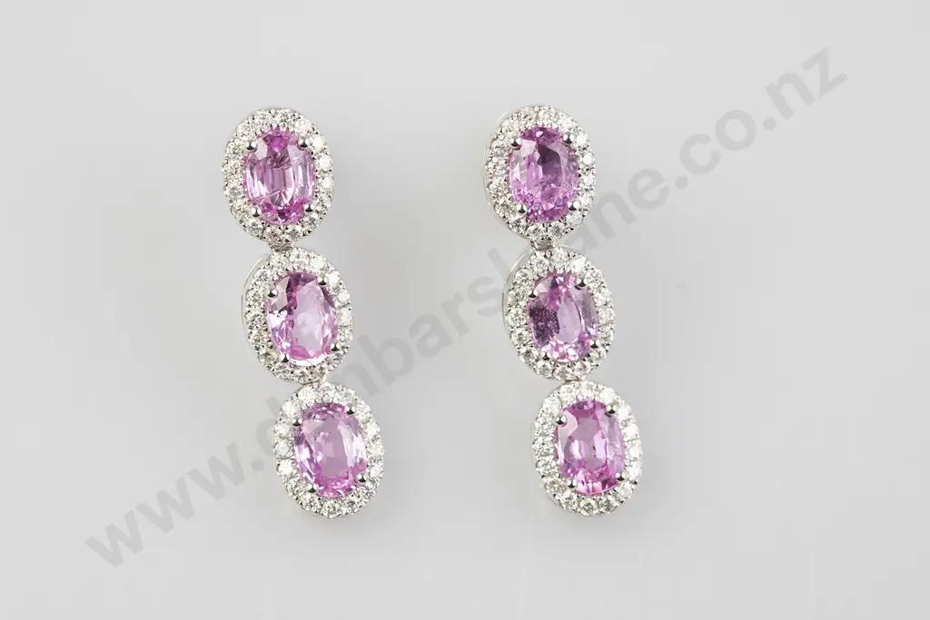 Pair 14ct White Gold Ceylon Pink Sapphire and Diamond Pendant Cluster Earrings Image 1++