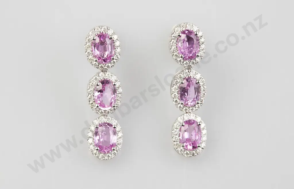 Pair 14ct White Gold Ceylon Pink Sapphire and Diamond Pendant Cluster Earrings Image 1++
