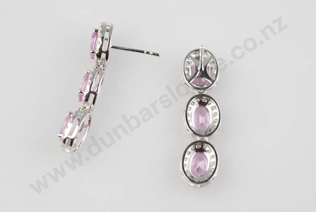 Pair 14ct White Gold Ceylon Pink Sapphire and Diamond Pendant Cluster Earrings Image 1++