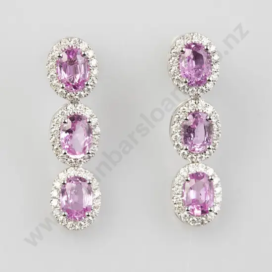 Pair 14ct White Gold Ceylon Pink Sapphire and Diamond Pendant Cluster Earrings