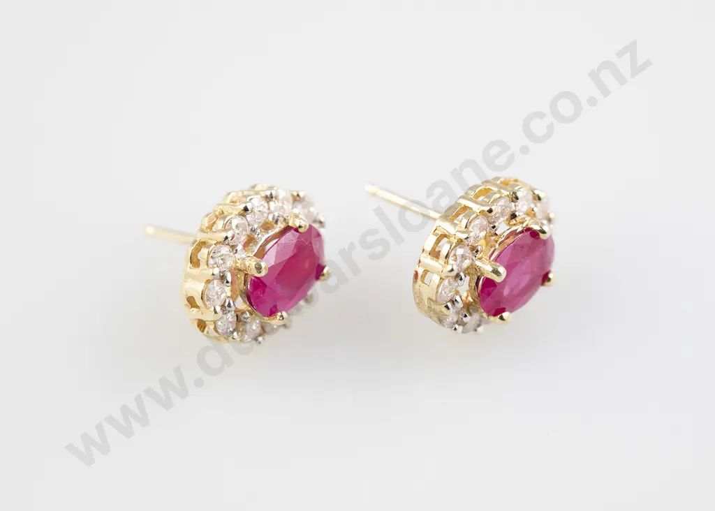 Pair 14ct Ruby and Diamond Cluster Stud Earrings Image 1++