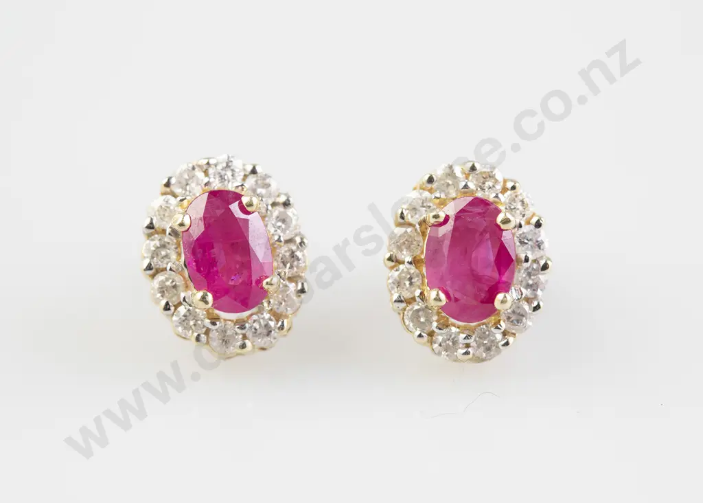 Pair 14ct Ruby and Diamond Cluster Stud Earrings Image 1++