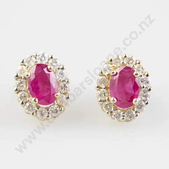 Pair 14ct Ruby and Diamond Cluster Stud Earrings
