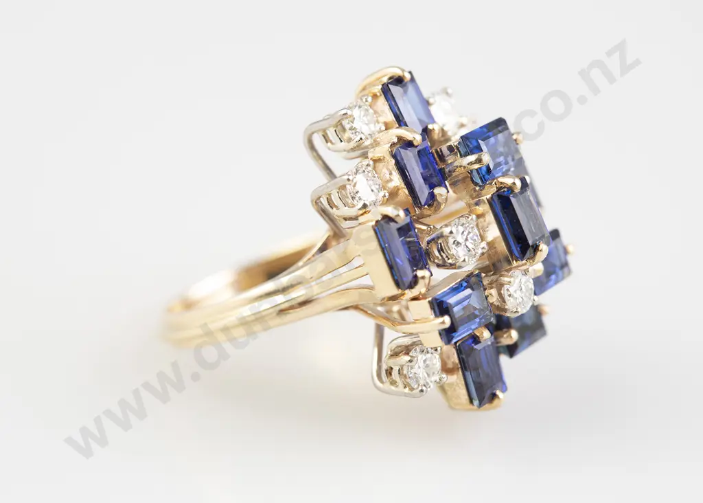 14ct 19stone Sapphire and Diamond Princess Style Cluster Ring Image 1++