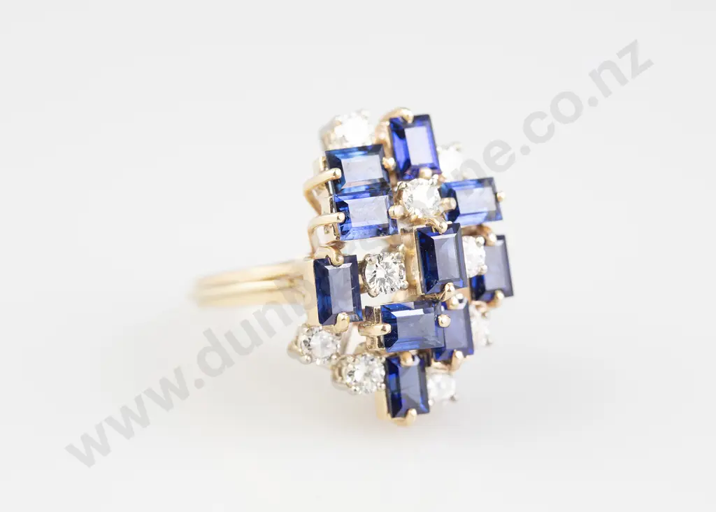 14ct 19stone Sapphire and Diamond Princess Style Cluster Ring Image 1++