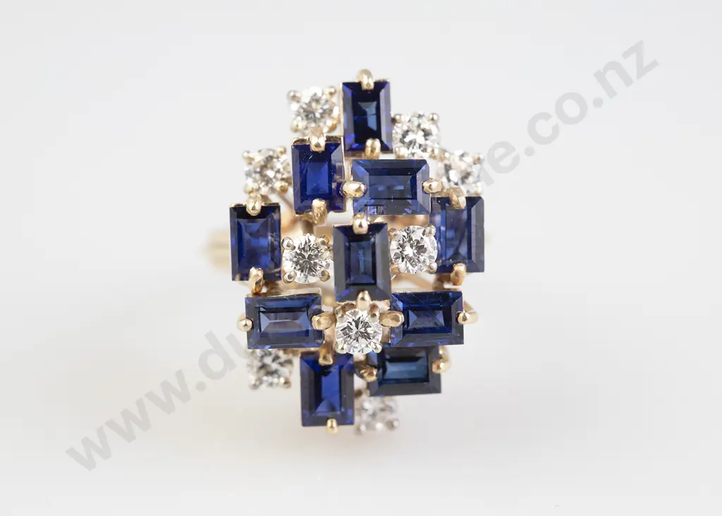 14ct 19stone Sapphire and Diamond Princess Style Cluster Ring Image 1++