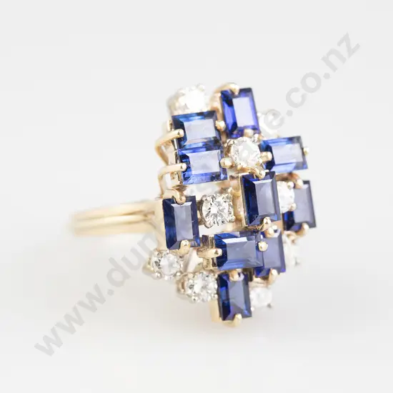 14ct 19stone Sapphire and Diamond Princess Style Cluster Ring