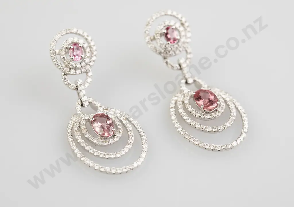 Pair 18ct White Gold Pink Tourmaline and Diamond Pendant Drop Earrings Image 1++