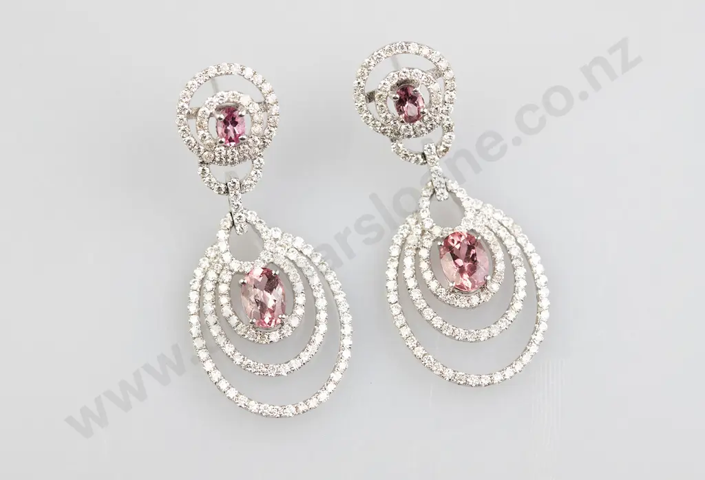 Pair 18ct White Gold Pink Tourmaline and Diamond Pendant Drop Earrings Image 1++