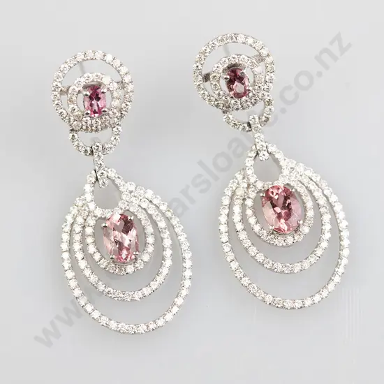 Pair 18ct White Gold Pink Tourmaline and Diamond Pendant Drop Earrings