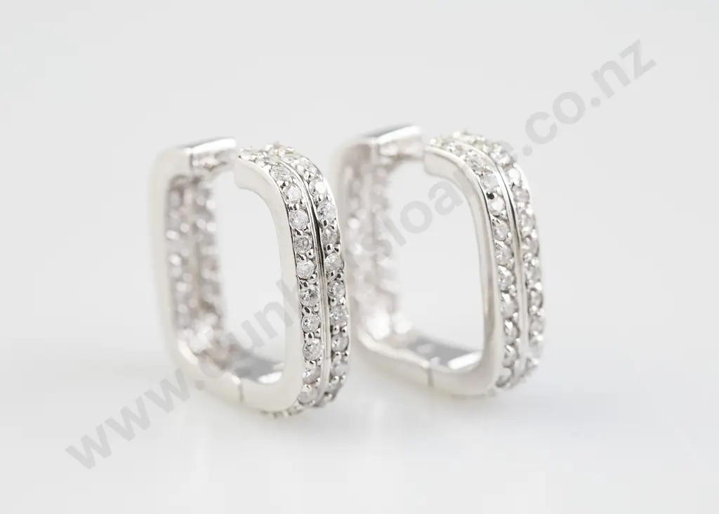 Pair 14ct White Gold Diamond Squared Hoop Earrings Image 1++