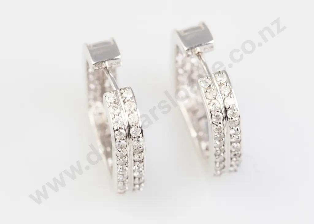 Pair 14ct White Gold Diamond Squared Hoop Earrings Image 1++