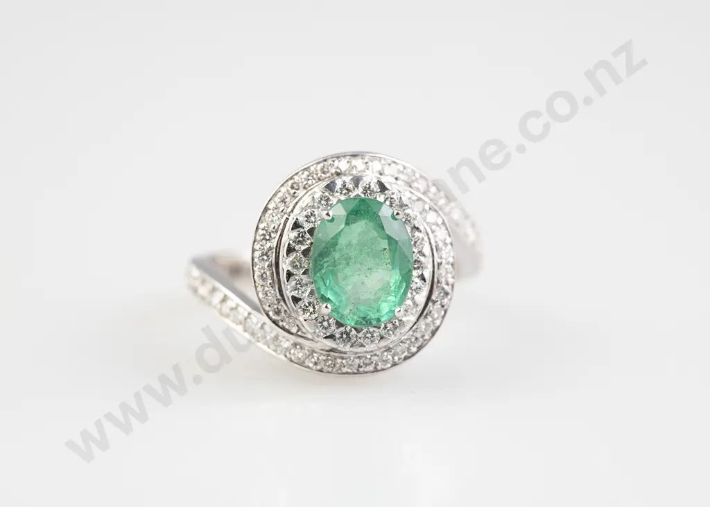 18ct White Gold 67stone Emerald and Diamond Cluster Ring Image 1++