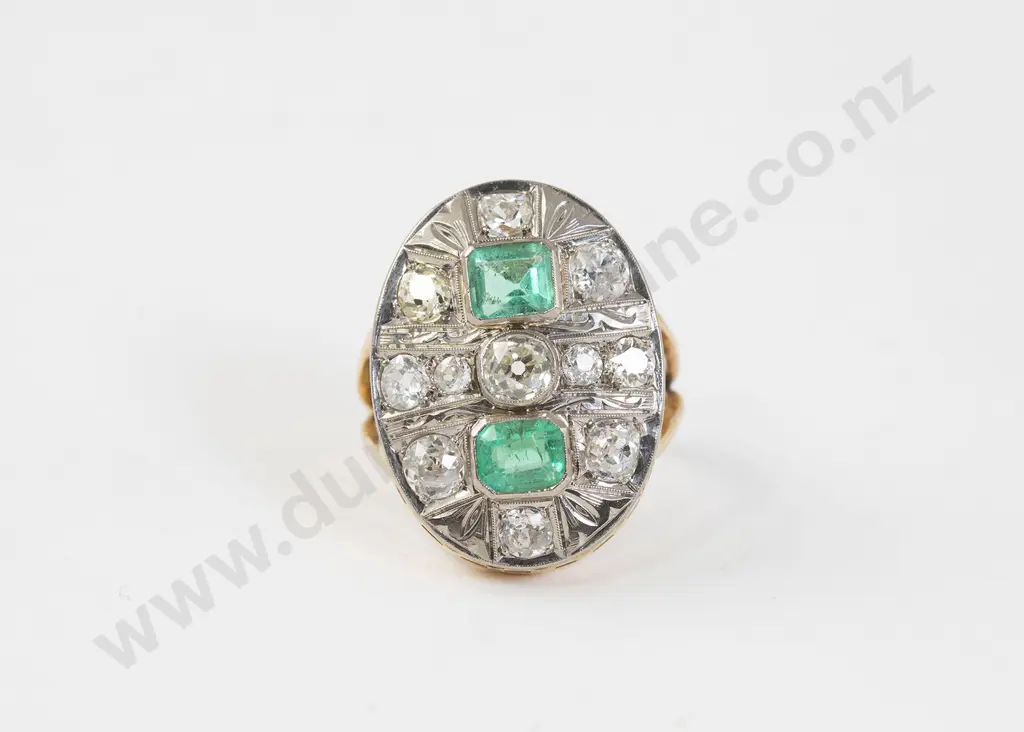 18ct Yellow & White Gold 13stone Emerald and Diamond Fancy Cluster Ring Image 1++