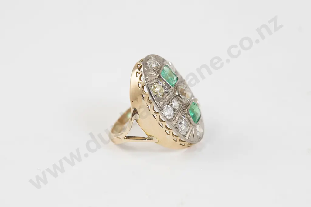 18ct Yellow & White Gold 13stone Emerald and Diamond Fancy Cluster Ring Image 1++