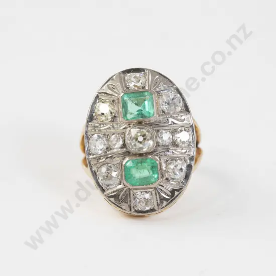 18ct Yellow & White Gold 13stone Emerald and Diamond Fancy Cluster Ring