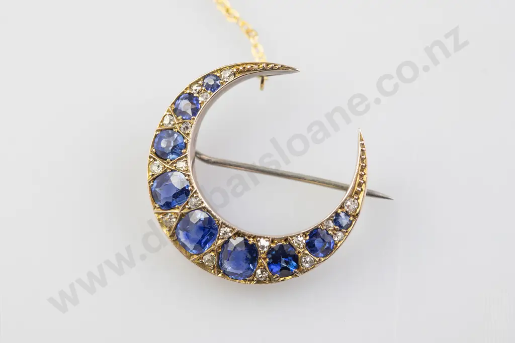 Victorian 18ct & 9ct Nine Stone Sapphire and Diamond Crescent Brooch Image 1++