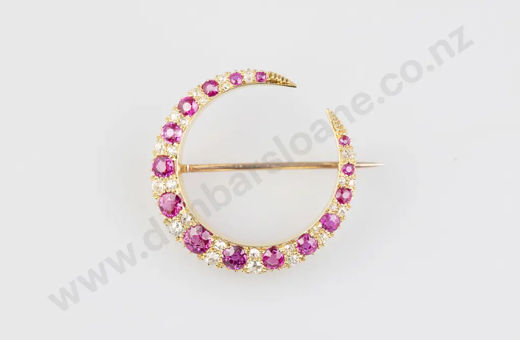 Victorian 18ct & 9ct Ruby & Diamond Crescent Brooch Image 1++