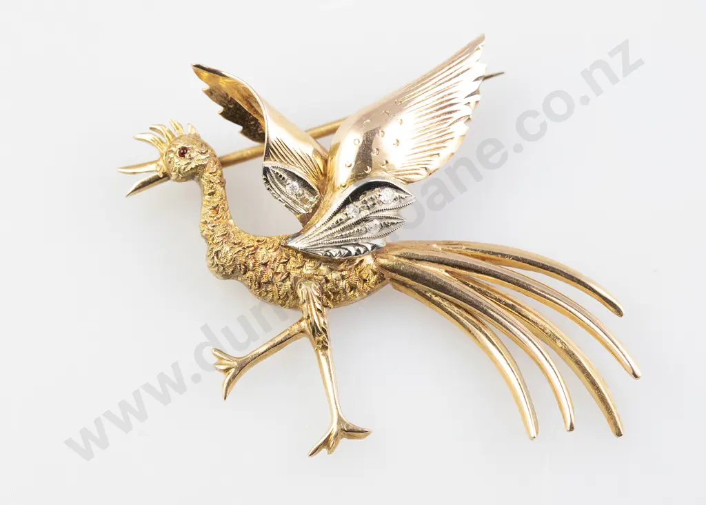 14ct Yellow and White Phoenix Bird Brooch Image 1++
