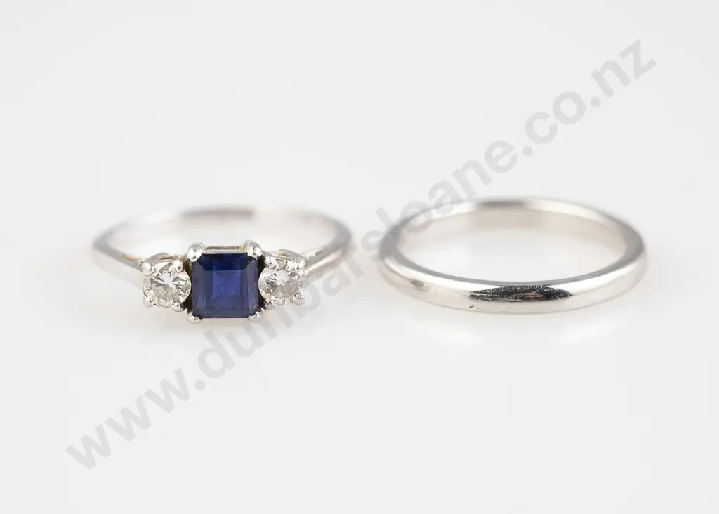 All Platinum Three Stone Sapphire and Diamond Ring Image 1++