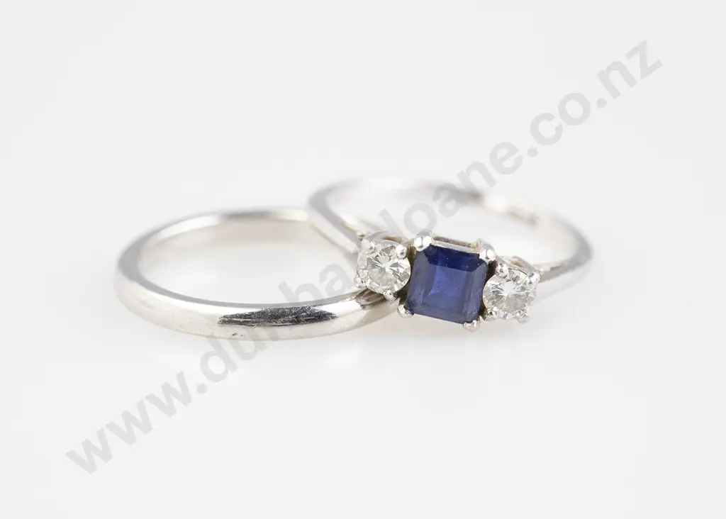 All Platinum Three Stone Sapphire and Diamond Ring Image 1++