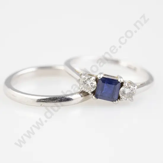 All Platinum Three Stone Sapphire and Diamond Ring