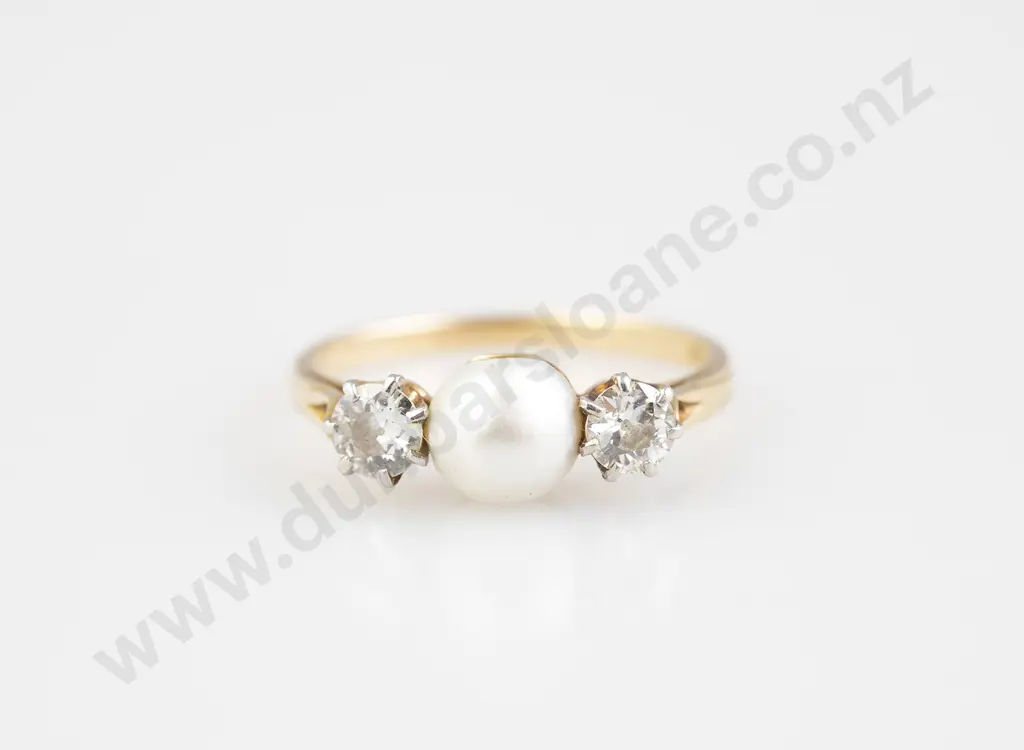 Victorian 18ct Three Stone Diamond & Natural Pearl Bridge Ring Image 1++