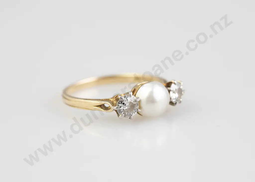 Victorian 18ct Three Stone Diamond & Natural Pearl Bridge Ring Image 1++