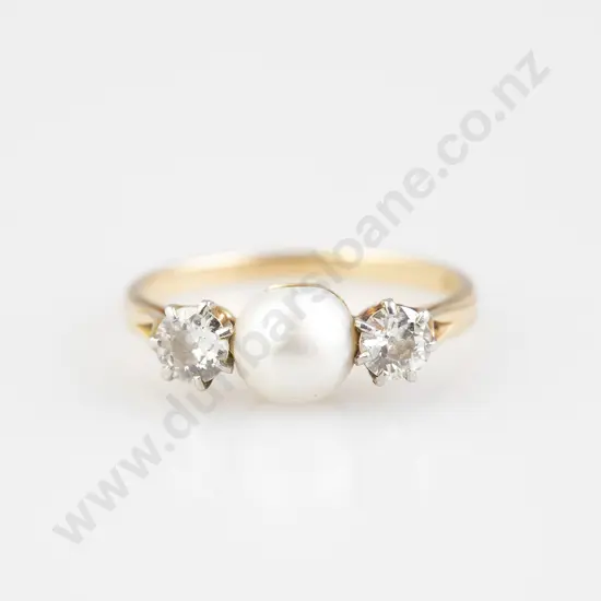 Victorian 18ct Three Stone Diamond & Natural Pearl Bridge Ring