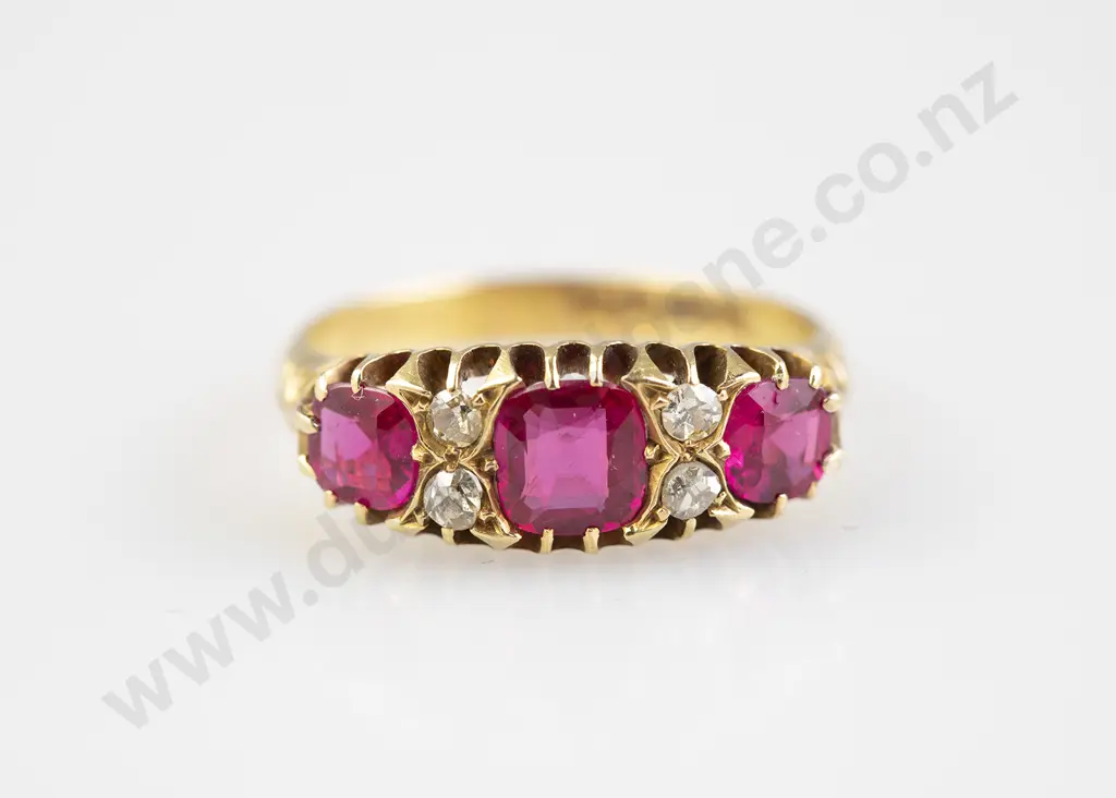 Victorian 18ct Seven Stone Synthetic Ruby and Diamond Bridge Ring Image 1++