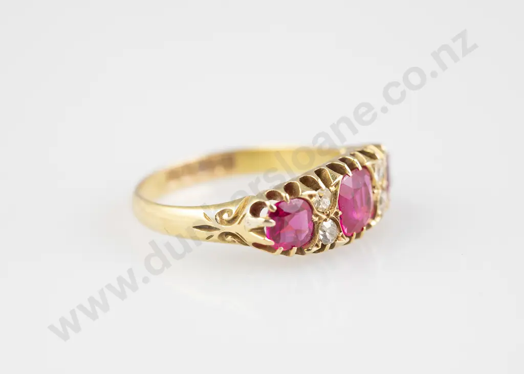 Victorian 18ct Seven Stone Synthetic Ruby and Diamond Bridge Ring Image 1++