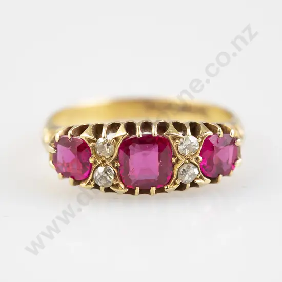 Victorian 18ct Seven Stone Synthetic Ruby and Diamond Bridge Ring