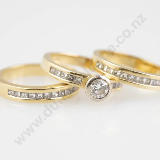 Trio 18ct Solitaire Diamond Ring and Two Diamond Wedding Bands