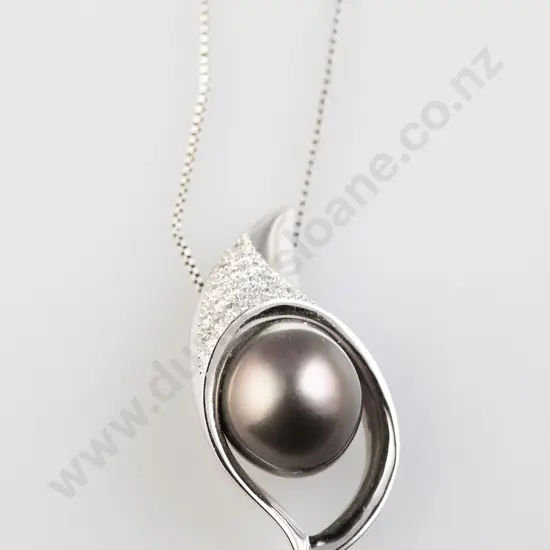 18ct White Gold Single South Seas Black Pearl and Diamond Pendant