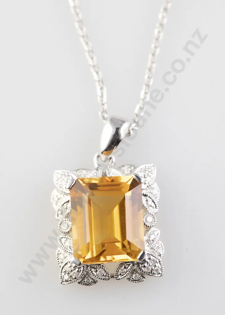 14ct White Gold Single Citrine and Diamond Pendant Image 1++