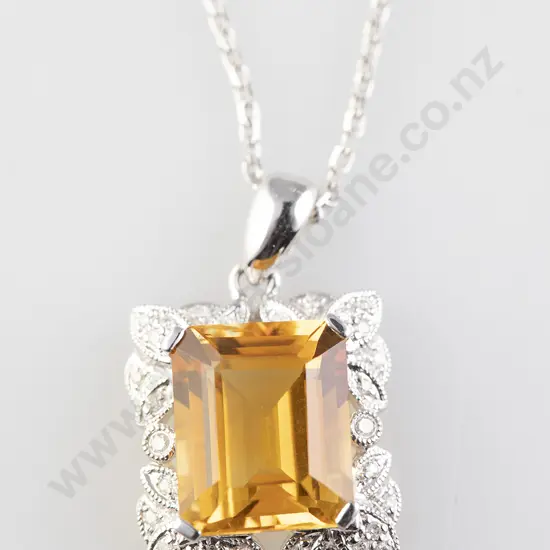 14ct White Gold Single Citrine and Diamond Pendant