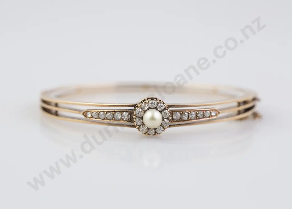 9ct Dated 1891 22stone Diamond and Pearl Snap Bangle Image 1++