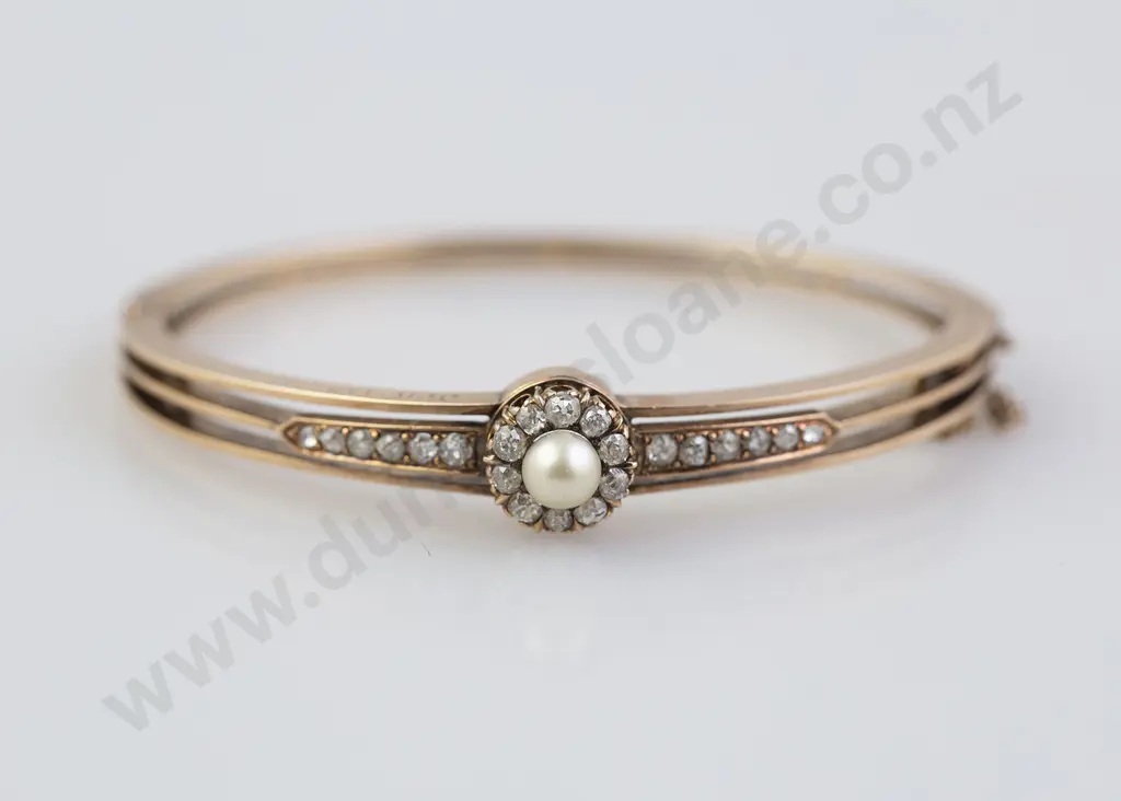 9ct Dated 1891 22stone Diamond and Pearl Snap Bangle Image 1++