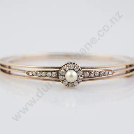 9ct Dated 1891 22stone Diamond and Pearl Snap Bangle
