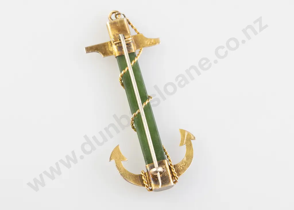 NZ Colonial 9ct Greenstone 'Hope' Anchor Brooch Image 1++