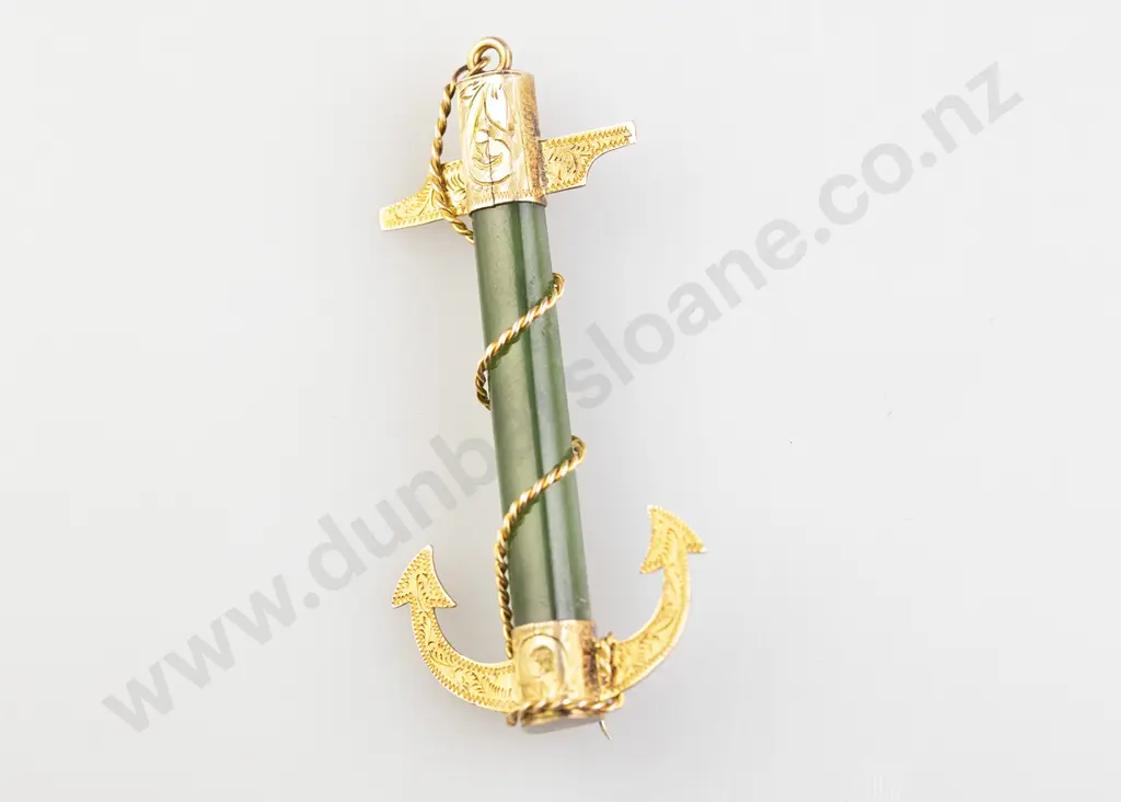 NZ Colonial 9ct Greenstone 'Hope' Anchor Brooch Image 1++