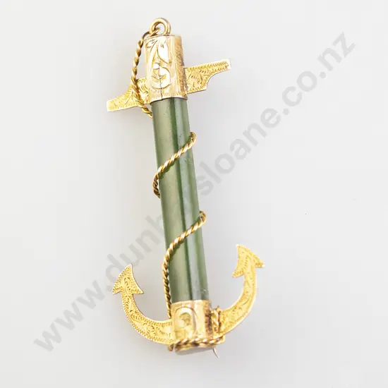 NZ Colonial 9ct Greenstone 'Hope' Anchor Brooch