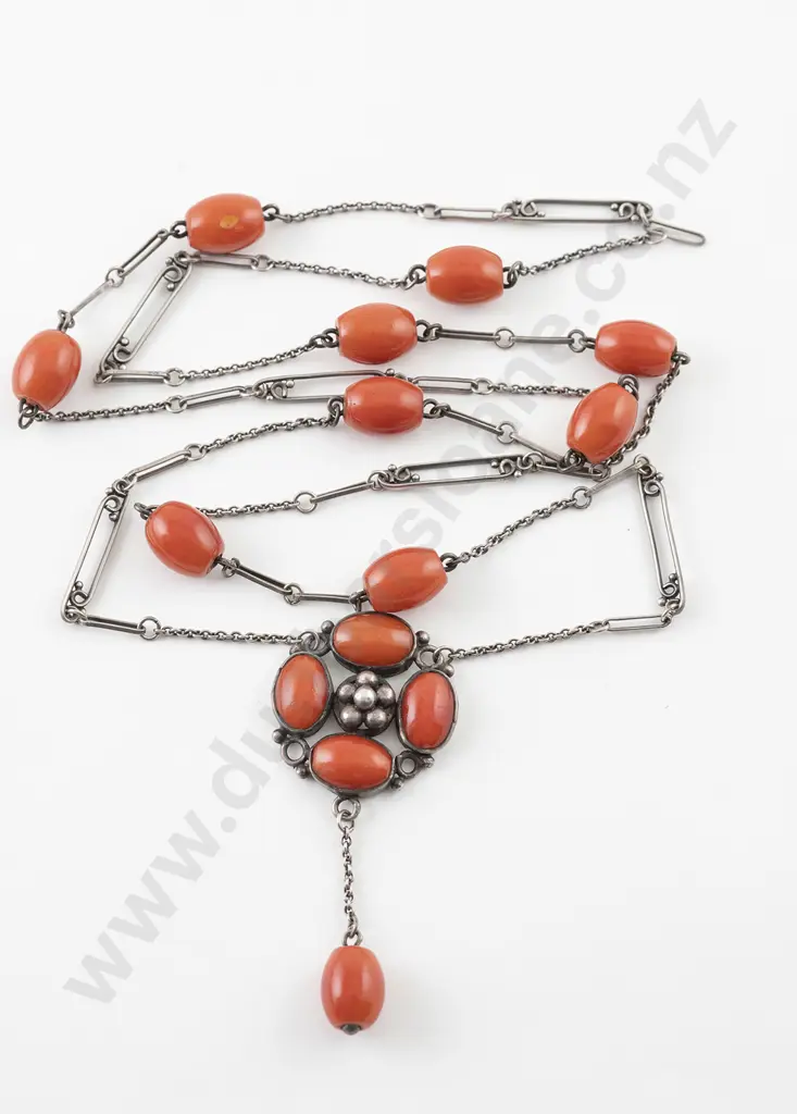 Elsie Reeve (NZ 1885-1927) S/S and Ceramic Coral Bead Necklace Image 1++