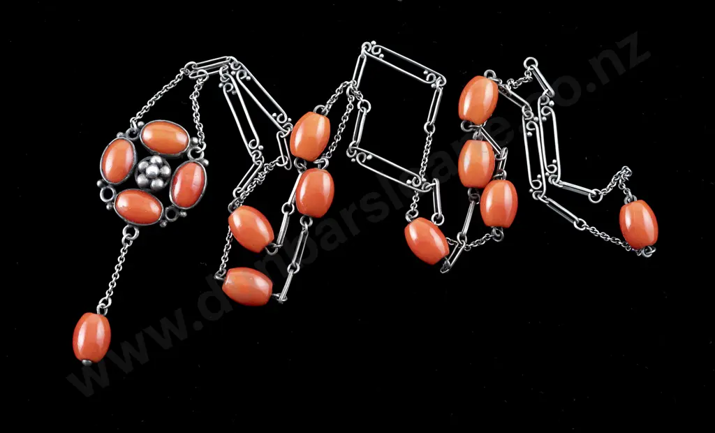 Elsie Reeve (NZ 1885-1927) S/S and Ceramic Coral Bead Necklace Image 1++