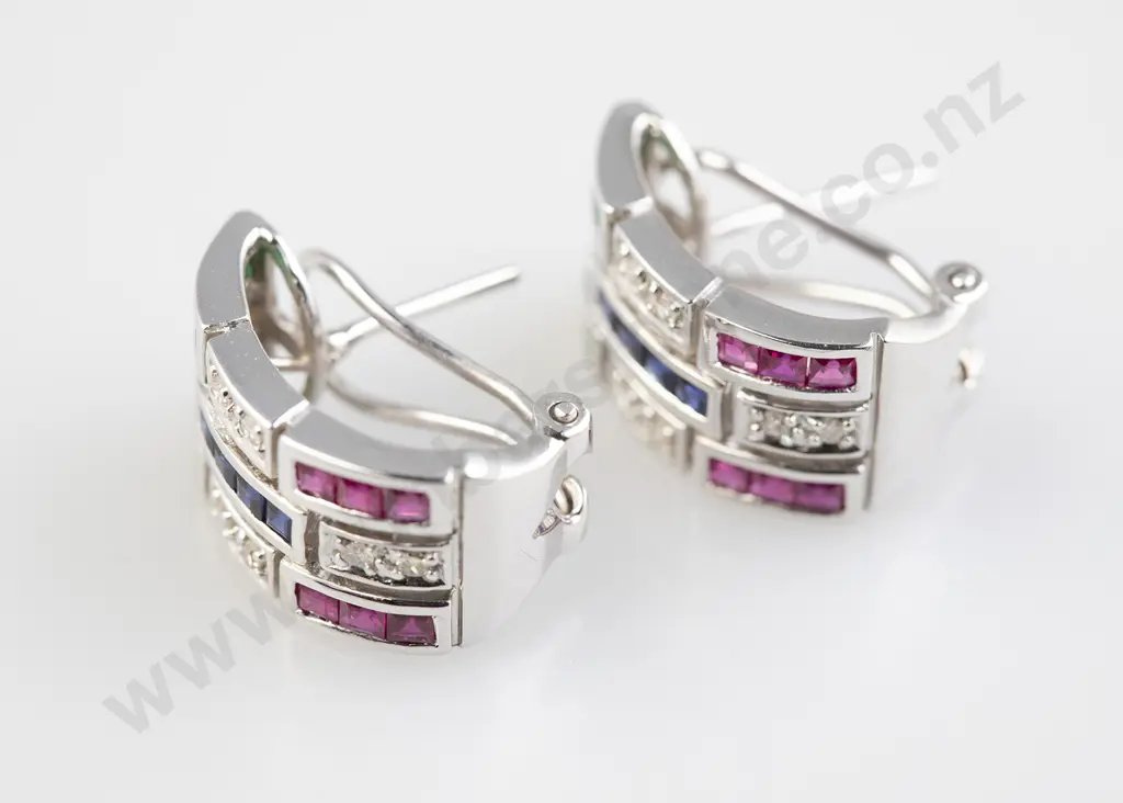 Pair 18ct White Gold Multi-Gem Half Hoop Earrings Image 1++