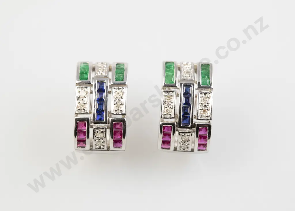 Pair 18ct White Gold Multi-Gem Half Hoop Earrings Image 1++